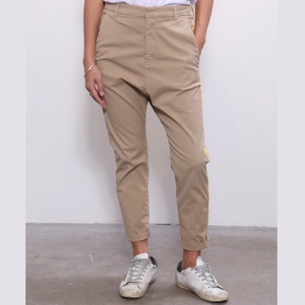 Nili Lotan Tan Cropped Chino Pants with Yellow Side Stripe